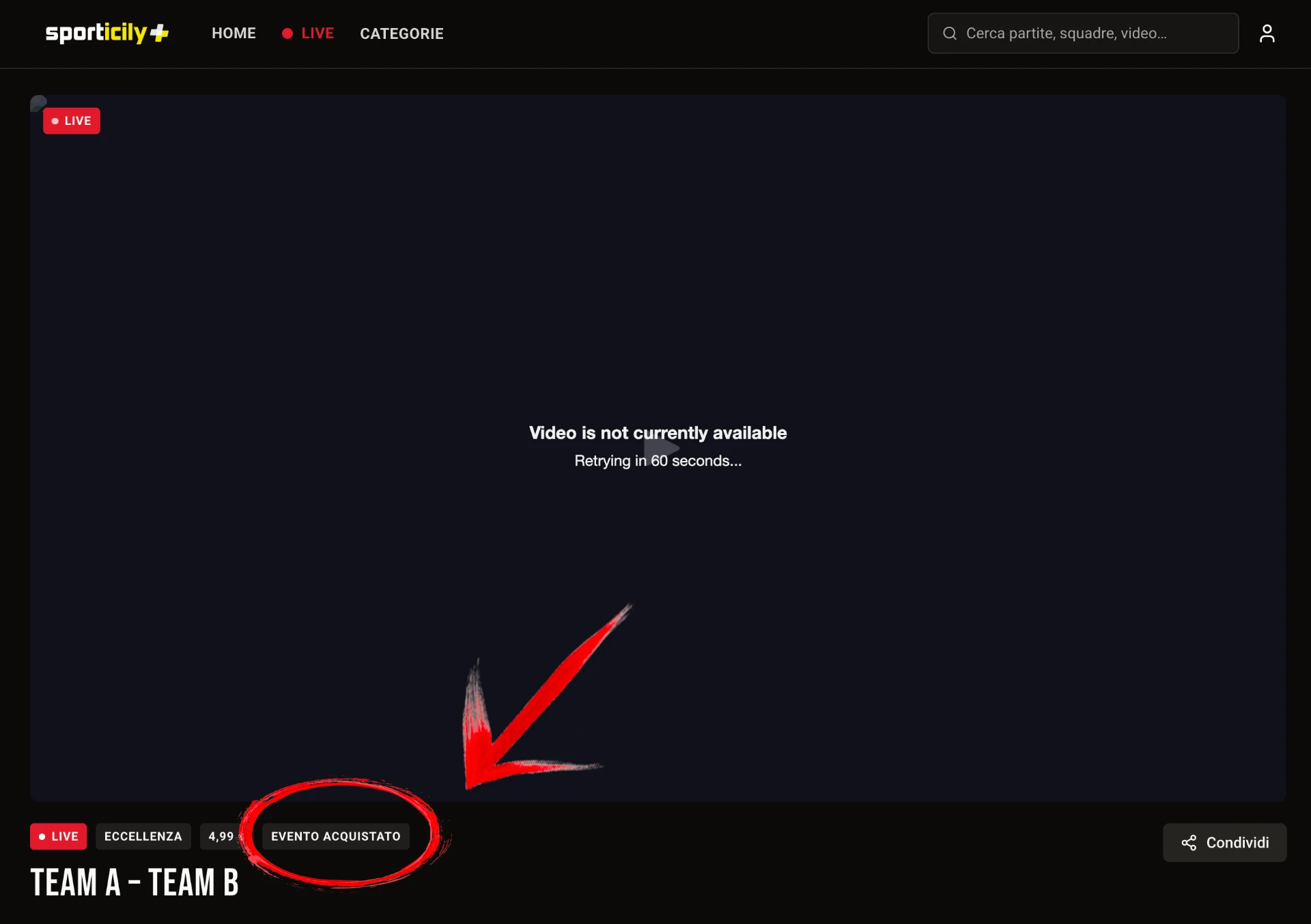 Etichetta Evento acquistato visibile sotto il player della diretta